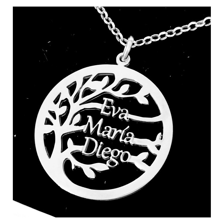 Collar arbol con 3 nombres plata de ley