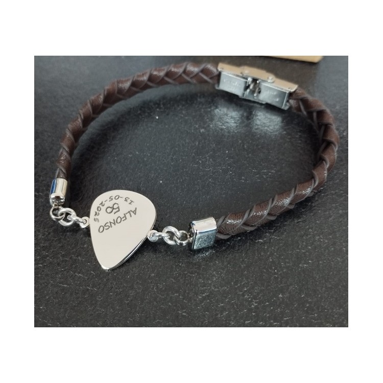 Pulsera Personalizada pieza de plata de ley grabada y cuero Pulsera Personalizada pieza de plata de ley grabada y cuero