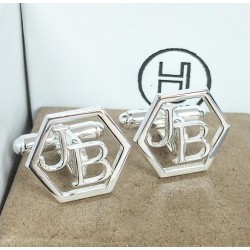 Gemelos con iniciales enmarcadas hexágono plata de ley