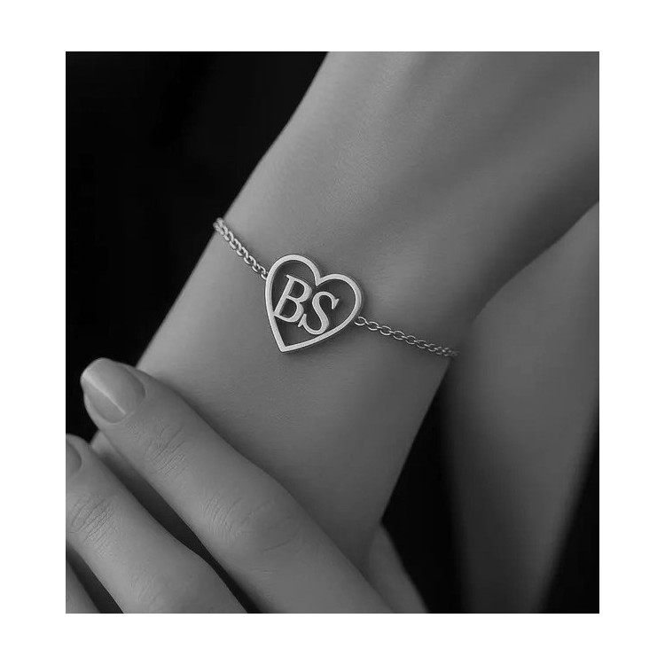 Pulsera personalizada 2 iniciales en corazón en plata de ley Pulsera personalizada 2 iniciales en corazón en plata de ley