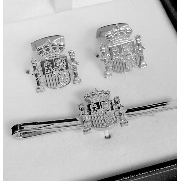 Gemelos con pisacorbatas Escudo de España  plata de ley