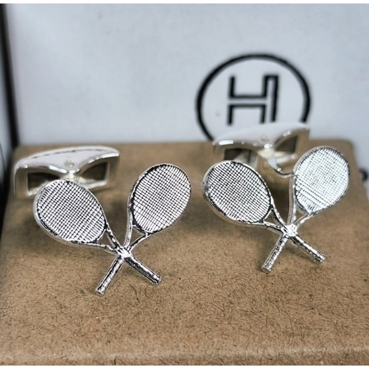 Gemelos raquetas de tenis entrelazadas en plata de ley